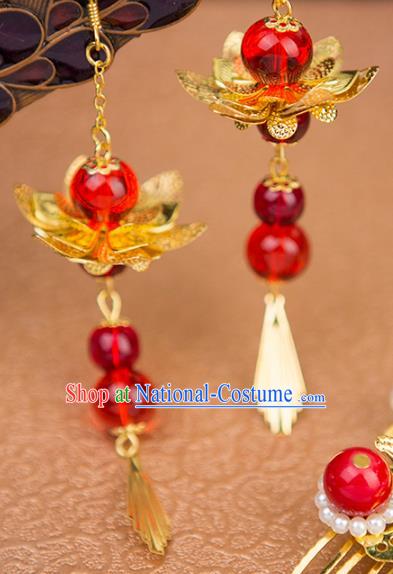 Handmade Chinese Ancient Palace Lady Accessories Hanfu Red Beads Lotus Earrings for Women