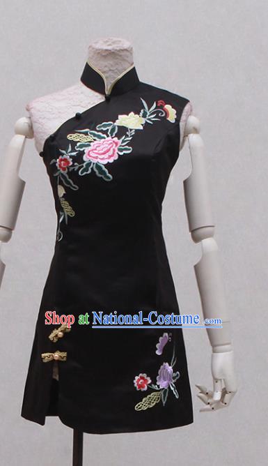 Traditional Ancient Chinese Black Qipao Dress Embroidered Cheongsam Clothing for Women