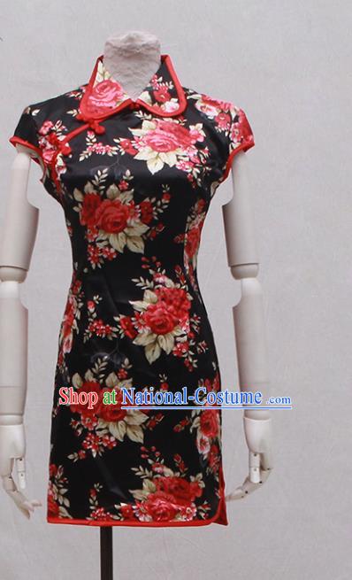 Traditional Ancient Chinese Black Qipao Dress Painting Rose Black Cheongsam Clothing for Women