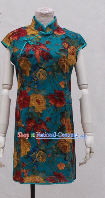 Traditional Ancient Chinese Black Qipao Dress Painting Peony Blue Cheongsam Clothing for Women