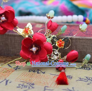 Handmade Asian Chinese Ancient Palace Lady Hair Accessories Hanfu Red Flowers Hairpins for Women