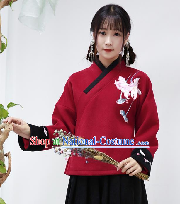 Traditional Chinese National Costume Cheongsam Red Wool Blouse Tangsuit Embroidered Coats for Women