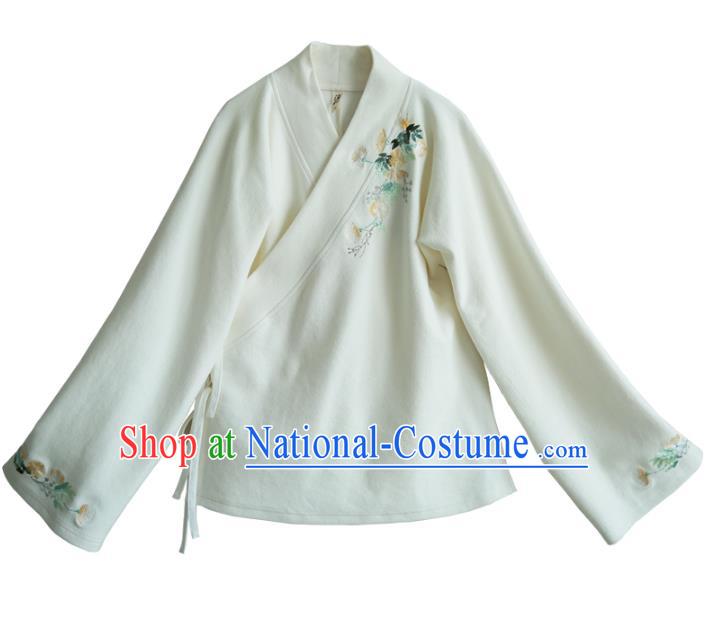 Traditional Chinese National Costume Embroidered Hanfu White Blouse Tangsuit Shirts for Women