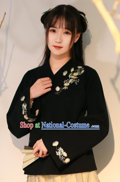 Traditional Chinese National Costume Embroidered Hanfu Black Blouse Tangsuit Shirts for Women