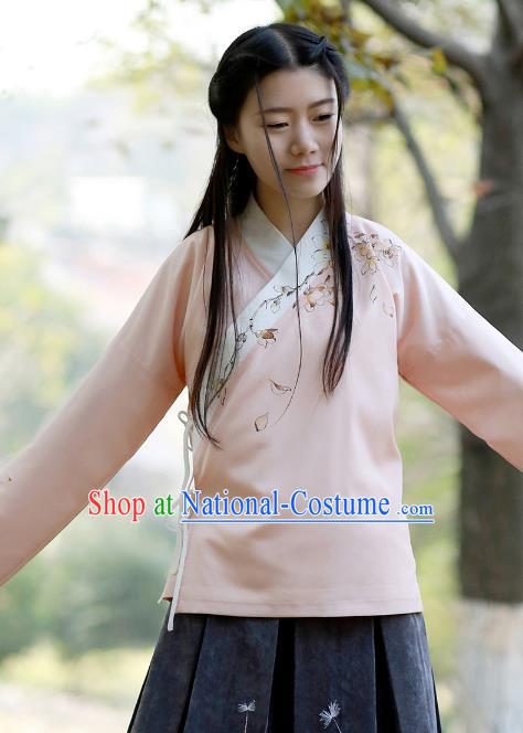 Traditional Chinese National Costume Embroidered Pink Shirts Hanfu Cheongsam Blouse for Women