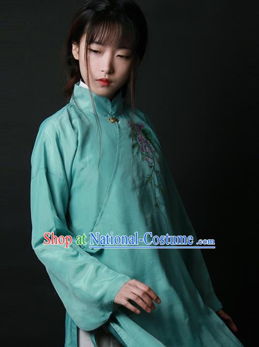 Traditional Chinese National Costume Embroidered Shirts Hanfu Cheongsam Green Blouse for Women