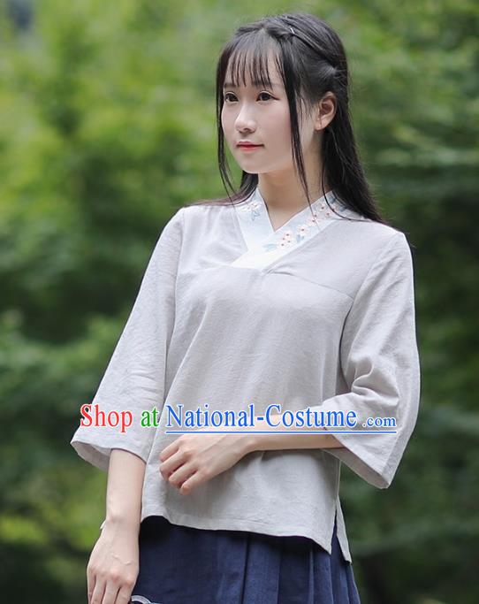 Traditional Chinese National Costume Embroidered Grey Shirts Hanfu Cheongsam Blouse for Women