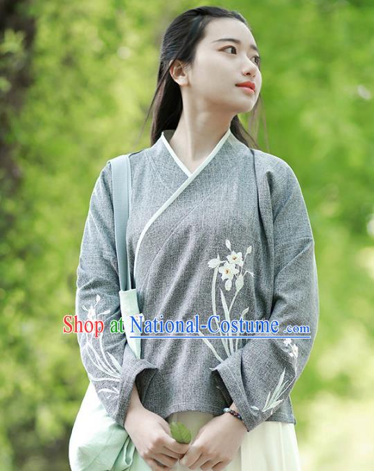 Traditional Chinese National Costume Embroidered Grey Shirts Hanfu Cheongsam Blouse for Women