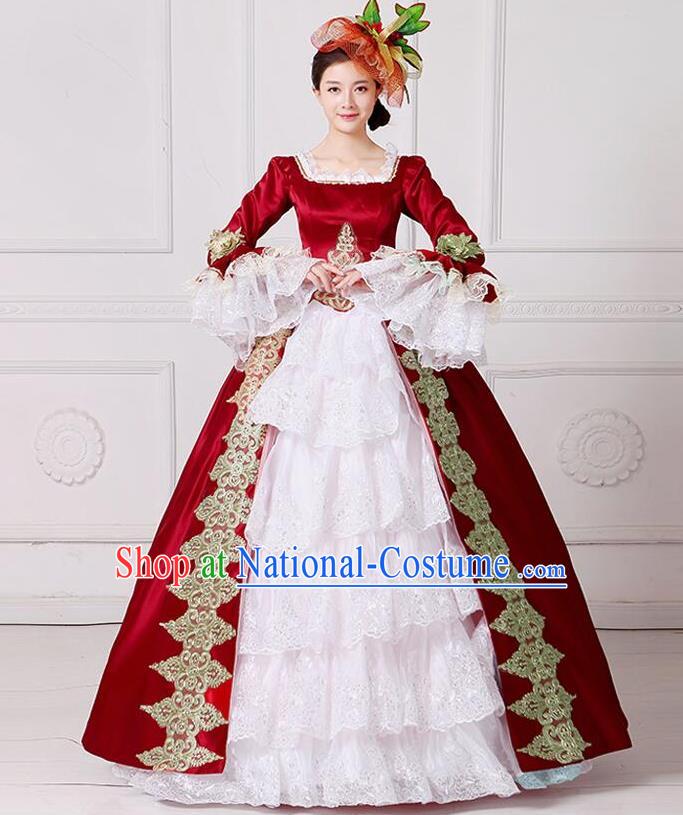 Traditional European Court Princess Renaissance Costume Stage Performance Dance Ball Dowager Wine Red Full Dress for Women