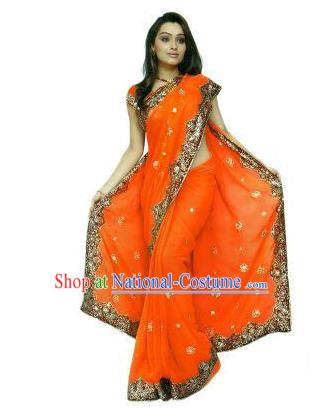 Traditional Asian India Stage Performance Costume Hindustan Indian National Orange Dress Clothing for Women