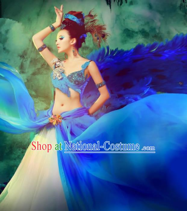 Traditional Chinese Peacock Dance Costume Pavane Blue Dress and Headpiece for Women