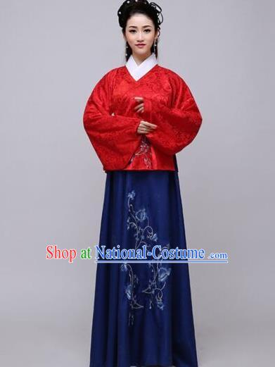 Traditional China Ancient Ming Dynasty Princess Costume Hanfu Red Blouse and Navy Skirt for Women