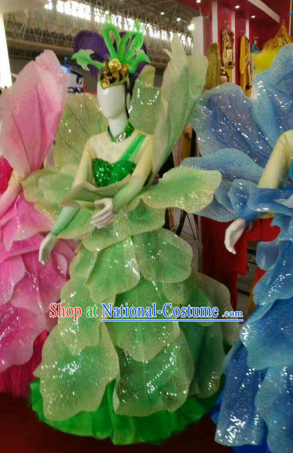 Green Chinese Classical Flower Dance Costume Dancing Costumes and Headpieces Complete Set for Women