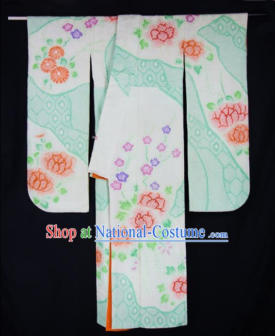 Asian Japanese Traditional Costumes Japan Furisode Kimono Yukata Green Dress Clothing for Women