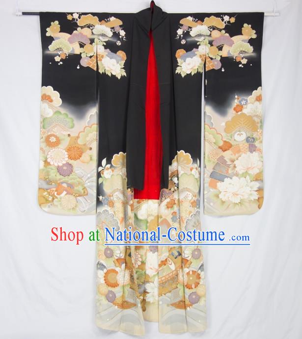 Asian Japanese Traditional Costumes Japan Furisode Kimono Yukata Embroidered Flowers Black Dress Clothing for Women