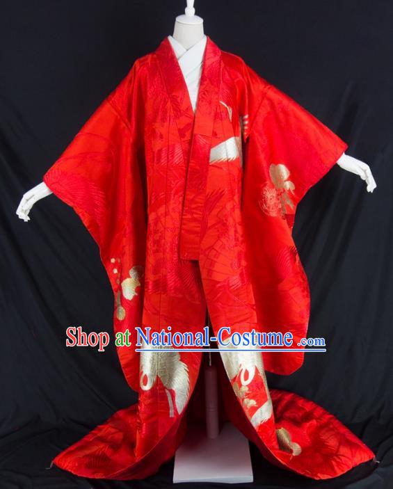 Asian Japanese Traditional Wedding Costumes Japan Embroidered Furisode Kimono Yukata Red Dress Clothing for Women