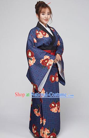 Asian Japanese Traditional Costumes Japan Printing Navy Furisode Kimono Yukata Dress Clothing for Women