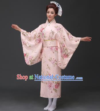 Asian Japanese Traditional Costumes Japan Printing Pink Furisode Kimono Yukata Dress Clothing for Women