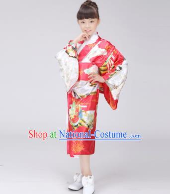 Asian Japanese Traditional Costumes Japan Printing Satin Furisode Kimono Yukata Red Dress Clothing for Kids