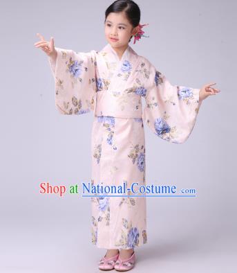 Asian Japanese Traditional Costumes Japan Satin Furisode Kimono Yukata Printing Blue Peony Dress Clothing for Kids