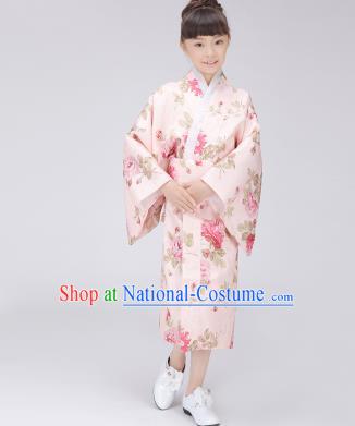 Asian Japanese Traditional Costumes Japan Satin Furisode Kimono Yukata Printing Pink Dress Clothing for Kids