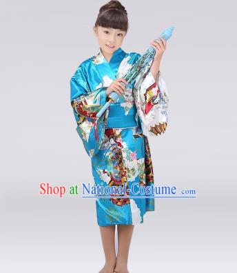 Asian Japanese Traditional Costumes Japan Satin Furisode Kimono Yukata Printing Blue Dress Clothing for Kids