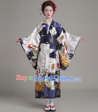 Asian Japanese Traditional Costumes Japan Satin Furisode Kimono Yukata Printing Navy Dress Clothing for Women