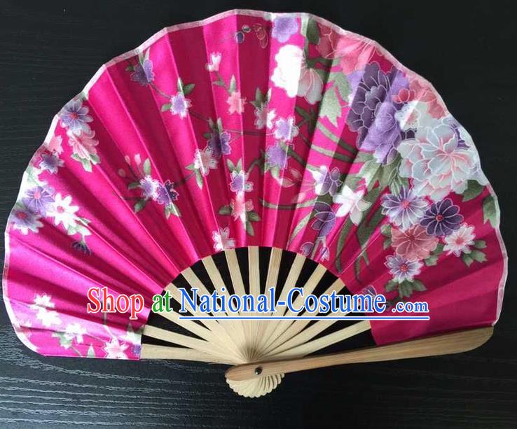 Asian Traditional Folding Fans Kimono Printing Flowers Rosy Satin Fans Dance Fan for Women