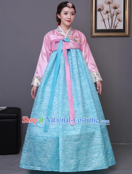 Asian Korean Dance Costumes Traditional Korean Hanbok Clothing Wedding Pink Blouse and Blue Dress for Women