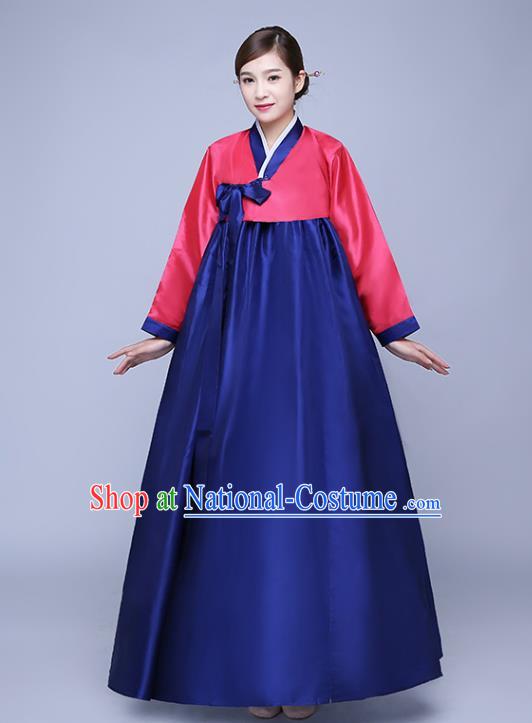 Asian Korean Dance Costumes Traditional Korean Hanbok Clothing Wedding Red Blouse and Navy Dress for Women