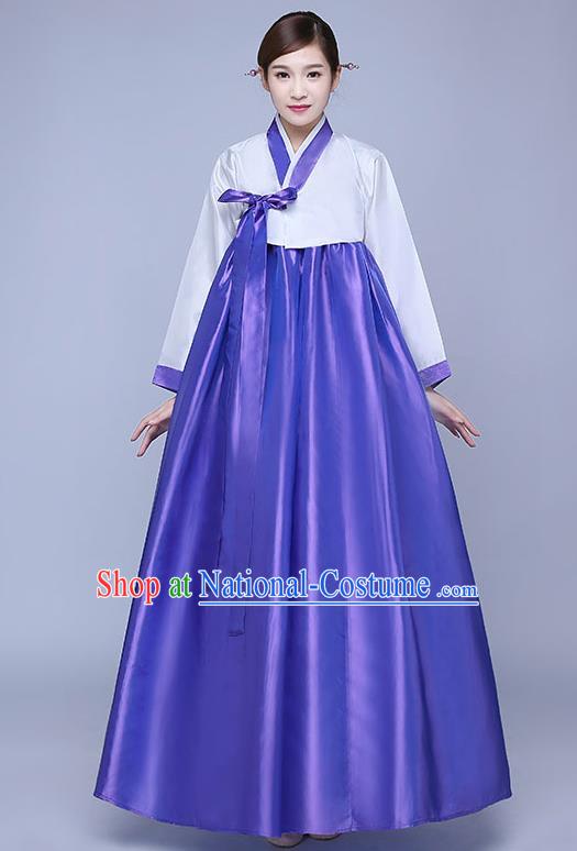 Asian Korean Dance Costumes Traditional Korean Hanbok Clothing Wedding White Blouse and Purple Dress for Women