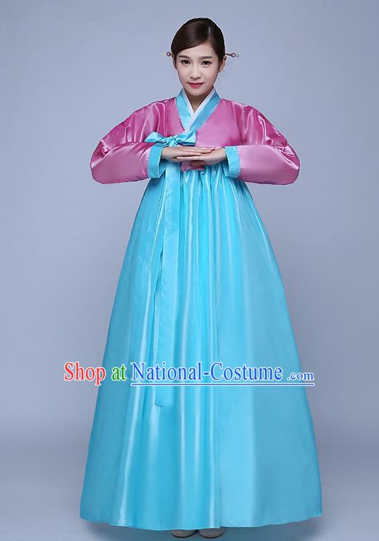 Asian Korean Dance Costumes Traditional Korean Hanbok Clothing Wedding Pink Blouse and Blue Dress for Women