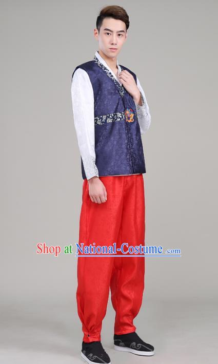 Asian Korean Court Dance Navy Costumes Traditional Korean Hanbok Wedding Bridegroom Clothing for Men