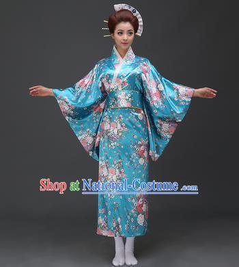 Asian Japanese Traditional Costumes Japan Printing Flowers Blue Satin Furisode Kimono Yukata Dress Clothing for Women