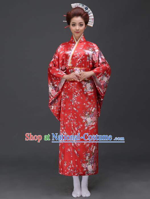 Asian Japanese Traditional Costumes Japan Printing Red Satin Furisode Kimono Yukata Dress Clothing for Women