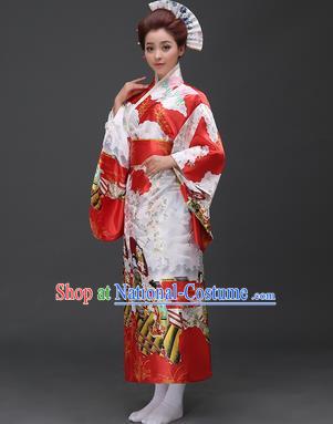 Asian Japanese Traditional Costumes Japan Printing Red Satin Furisode Kimono Yukata Dress Clothing for Women