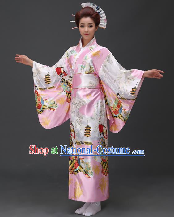 Asian Japanese Traditional Costumes Japan Printing Pink Satin Furisode Kimono Yukata Dress Clothing for Women