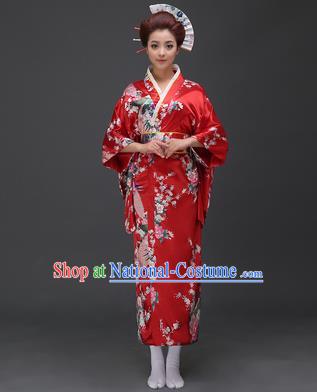 Asian Japanese Traditional Costumes Japan Printing Flowers Red Satin Furisode Kimono Yukata Dress Clothing for Women