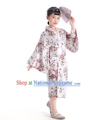 Asian Japanese Traditional Costumes Japan Printing Satin Furisode Kimono Yukata White Dress Clothing for Kids