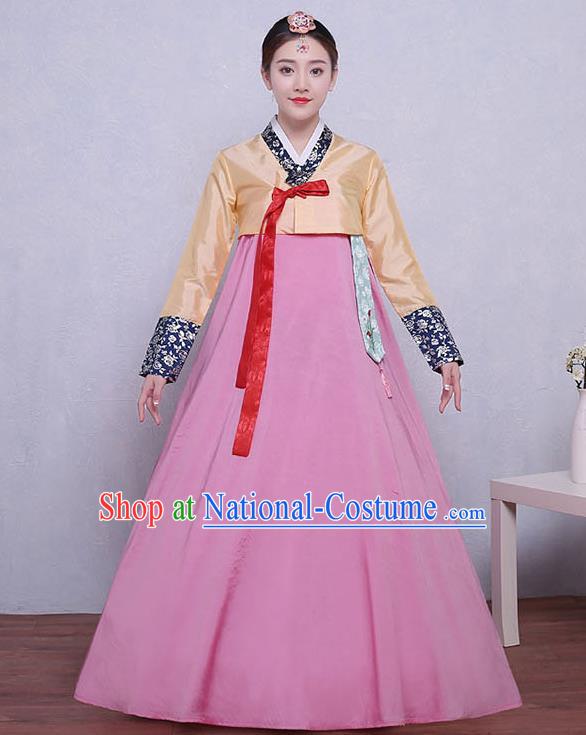 Asian Korean Dance Costumes Traditional Korean Dress Hanbok Clothing Yellow Blouse and Pink Skirt for Women