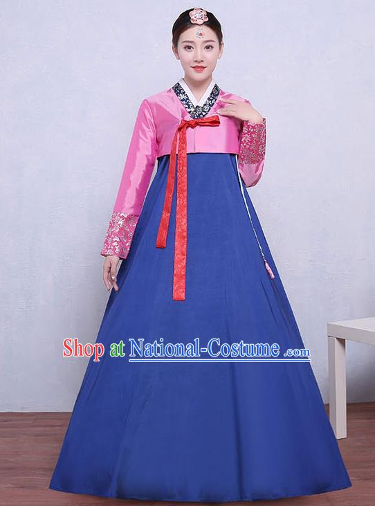 Asian Korean Dance Costumes Traditional Korean Dress Hanbok Clothing Pink Blouse and Blue Skirt for Women