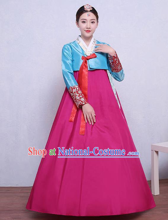 Asian Korean Dance Costumes Traditional Korean Hanbok Clothing Blue Blouse and Rosy Dress for Women