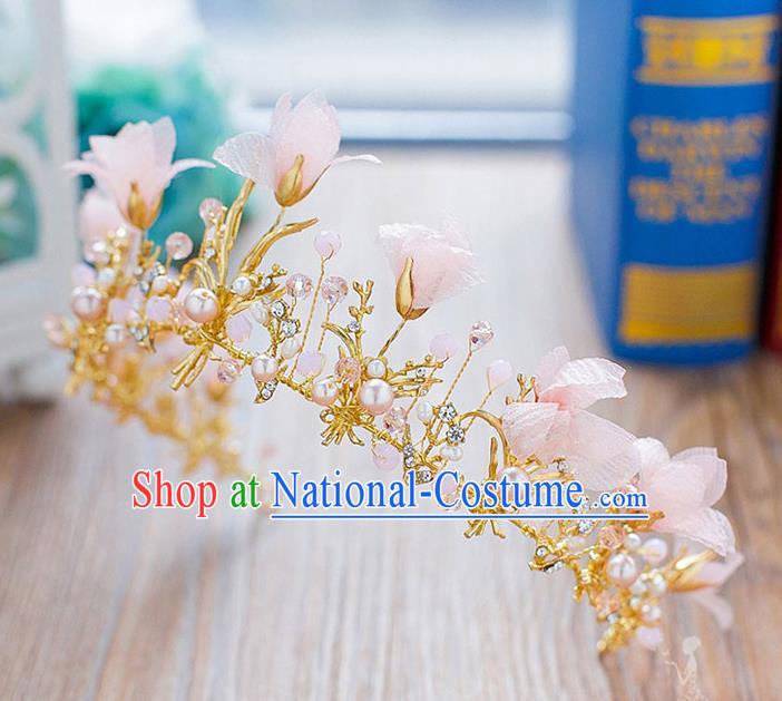 Handmade Classical Hair Accessories Baroque Pink Flowers Royal Crown Headwear for Women