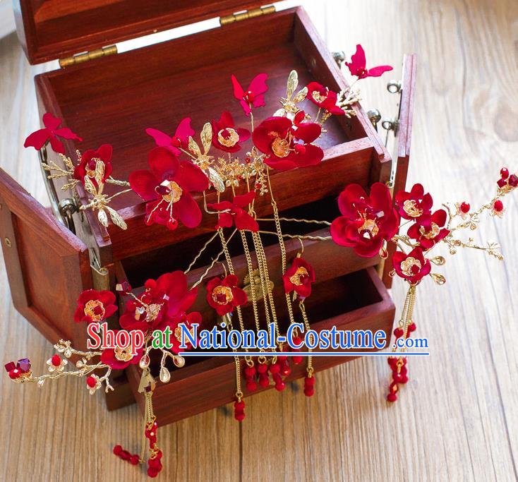 Chinese Handmade Classical Hair Accessories Ancient Bride Red Flowers Hair Coronet Tassel Hairpins for Women