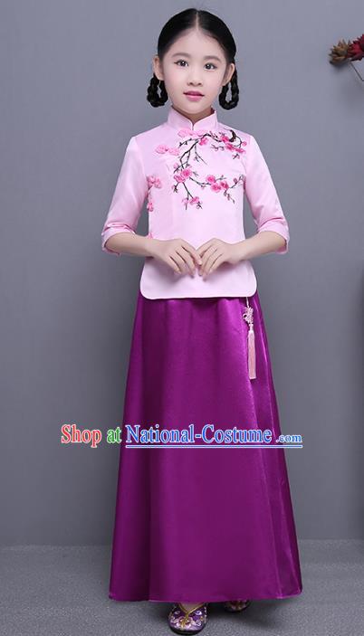 Traditional Republic of China Nobility Lady Costume Embroidered Cheongsam Pink Blouse and Purple Skirts for Kids