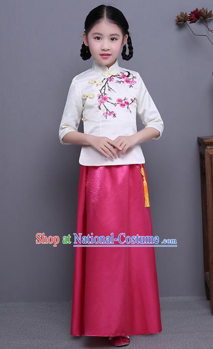 Traditional Republic of China Nobility Lady Costume Embroidered Cheongsam White Blouse and Pink Skirts for Kids