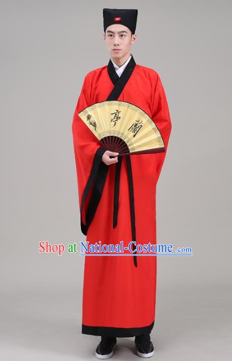 Traditional China Han Dynasty Scholar Costume Red Robe, Chinese Ancient Chancellor Hanfu Clothing for Men