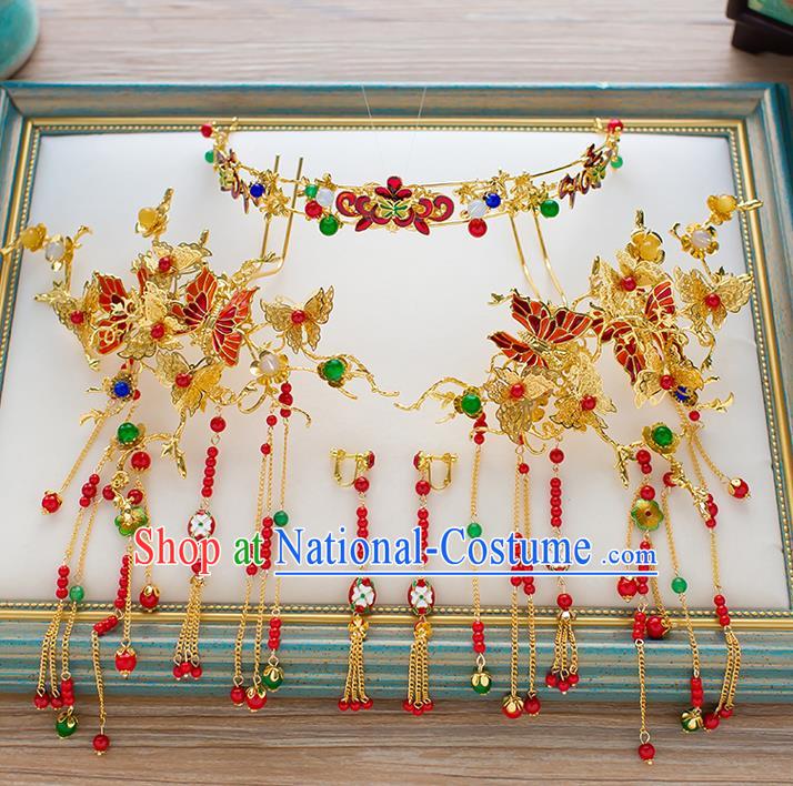 Chinese Handmade Classical Hair Accessories Xiuhe Suit Bride Tassel Hairpins Butterfly Step Shake Complete Set for Women