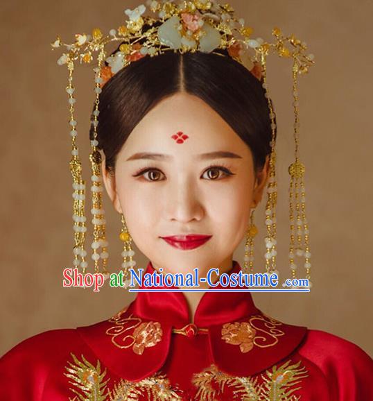 Chinese Handmade Classical Hair Accessories Wedding Bride Tassel Jade Phoenix Coronet Hairpins Complete Set