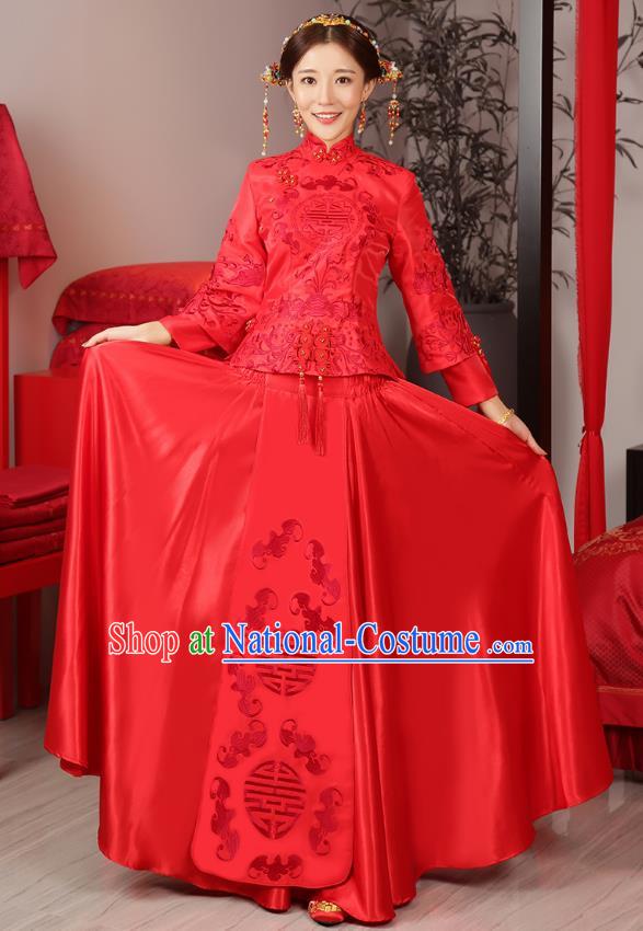 Traditional Ancient Chinese Wedding Costume Bride Embroidered Cheongsam Xiuhe Suits for Women